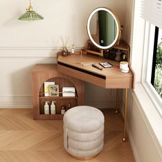 a desk with a mirror, stool and other items on it