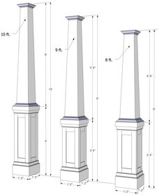 three different sizes of the same type of pillar with measurements for each column and height