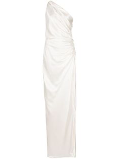 ivory silk gathered detailing one-shoulder sleeveless side slit concealed side zip fastening floor-length Kendall Jenner White Dress, Bride Gown, Gown White, Michelle Mason, Minimal Look, Summer Attire, Reformation Dress, Ivory Silk, Silk Gown