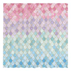 a pink, blue and green mermaid scale pattern shower curtain