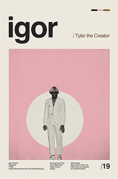 a man in a white suit and pink background with the word igor on it