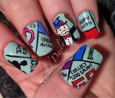 Monopoly board mani Monopoly Nails, Gamer Nails, Quirky Nails, Nerdy Nails, Gamer Ideas, Nail Art Printer, City Nails, Different Nail Designs