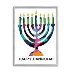 a hanukkah menorah with colorful candles in the center and happy hanukkah written on it