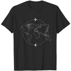 World Map Planes Travel T Shirt Travel T Shirt Design, Travel Tshirt, Plane Travel, Shirt Prints, Graphic Tshirt Design, Shirt Print Design, Tshirt Design, Map Print, Black Print