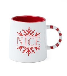 a red and white coffee mug with the word nice printed on it's side