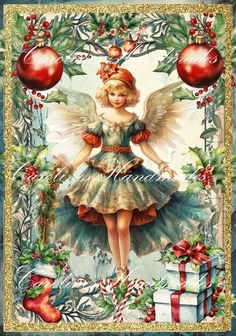 a christmas card with a girl dressed in green and red, surrounded by holly wreaths