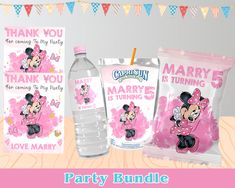 the party bundle includes two water bottles, one with minnie mouse's face on it