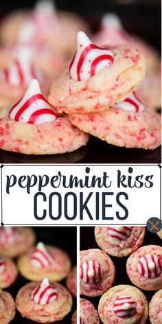 peppermint kiss cookies with white and red sprinkles in the middle