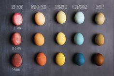 an assortment of different colored eggs on a blackboard with the names of each egg