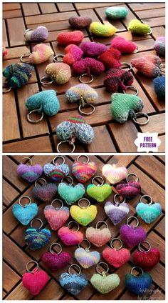 two pictures showing different types of knitted heart keychains on a wooden floor