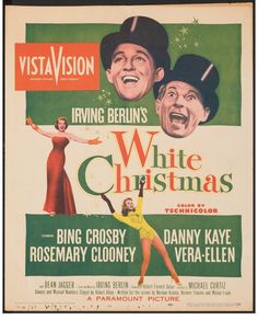 an old movie poster for white christmas with two men in hats and one woman wearing a yellow dress