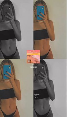 a woman taking a selfie with her cell phone in four different pictures, all showing the same size breast