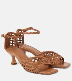 Veronica woven leather sandals in brown - Souliers Martinez | Mytheresa Woven Leather Sandals, Mid Heel Sandals, Designer Pumps, Sheepskin Boots, Sandal Heels, Brown Leather Sandals, Swag Shoes, Shoe Fits, Evening Shoes