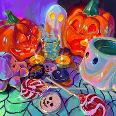 an oil painting of halloween items on a table with candles and candies in front of them