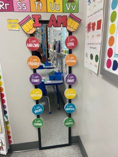 this is an image of a classroom door decorated with colorful magnets and stickers