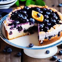 a blueberry cheesecake with one slice cut out