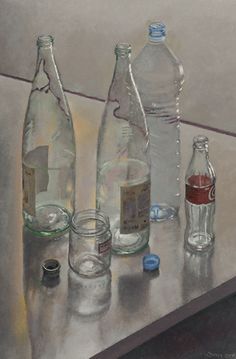 an oil painting of bottles and glasses on a counter top, with one empty bottle in the foreground