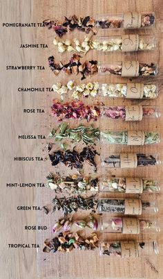 a table topped with lots of different types of teas and herbs on top of each other