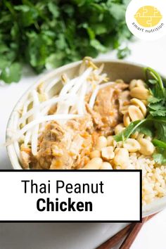 thai peanut chicken in a bowl with chopsticks and parsley on the side