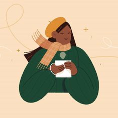 an illustration of a woman sitting on the ground holding a coffee cup and scarf around her neck