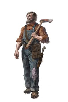 Overalls Character Art, Trapper Character Design, Carpenter Character Design, Modern Thief Character Design, Villager Concept Art, Farmer Character Art, Old Wild West Aesthetic, Explorer Concept Art, Farmer Concept Art