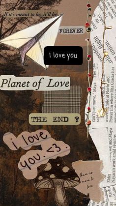 an altered collage with words and pictures on it, including paper airplanes that say i love you