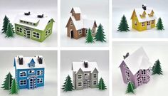 six different houses with trees and snow on the roof, all made out of paper