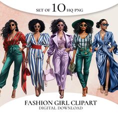 the fashion girl clipart digital set includes four women in different outfits and one is wearing sunglasses