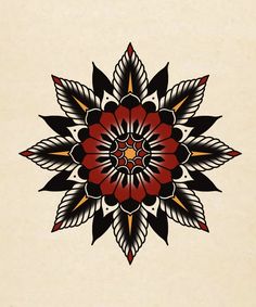 a red and black flower with leaves on it's center is in the middle of a beige background