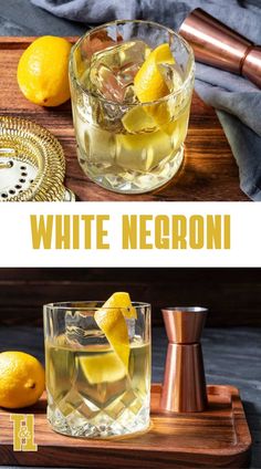 two glasses filled with lemonade and ice sitting on top of a wooden tray