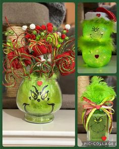 Dollar Tree Fantastics Crafts & Decor | Had a lot of fun making these💚💚 | Facebook Grinch Fish Bowl Craft, Grinch Party Centerpieces, Grinch Christmas Centerpiece, Grinch Centerpiece Ideas Diy, Grinch Clay Pots, Grinch Flower Arrangement, Grinch Wine Bottle Diy, Grinch Bathroom Decor Ideas, Grinch Mason Jar Ideas