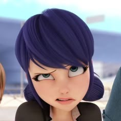 an animated image of two women with blue hair and green eyes, one is looking at the camera