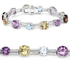 "Multi-Gemstone Bracelet, Natural Multi-Color Tennis Bracelet .925 Sterling Silver with Natural Birthstones, Birthday Gift for Her Product Details:  .925 Sterling Silver Stone Details: Amethyst Item Type: Bracelet Subcategory: Amethyst Gross Wt: 18.72 Gemstone Wt: 15.96 ctw Diamond Wt: 0.31 ctw Total Stone Wt: 16.27 ctw Finish: Rhodium Plated Clasp: Box With Tongue And Safety Clasps Total Qty Of Stones: 64 Height: 5.84 MM Width: 8.89 MM Length: 7.00 inches Primary Stone Color: Purple Birthstone Multi Gemstone Bracelet, Blue Topaz Jewelry, Blue Topaz Bracelet, Aquamarine Jewelry, 18k Gold Jewelry, Wedding Jewelry Bracelets, Silver Gemstone Jewelry, Birthday Gift For Her, Gorgeous Bracelet