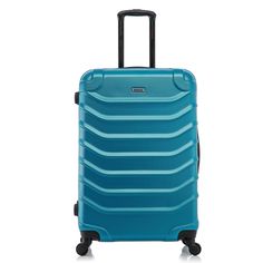 a blue suitcase with wheels and handle on the side, in front of a white background