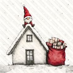 a house with a santa clause hat on top and presents in the snow next to it