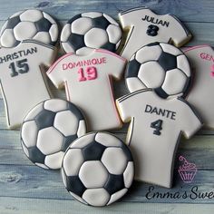 Jerseys and soccer balls ⚽️⚽️⚽️ #cookies #sports #soccer #soccerballs #emmassweets #decoratedcookies #customcookies #sugarcookies #torontocustomcookies #toronto #torontofoodie #torontosweets #torontocustomcookies @lisalabouche Soccer Cookies, Soccer Ball Cake, Ball Cake, Sport Cakes, Football Cake, Sports Soccer