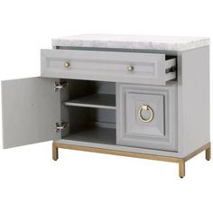 a grey cabinet with two doors and drawers on the bottom, one door open to reveal a white marble top