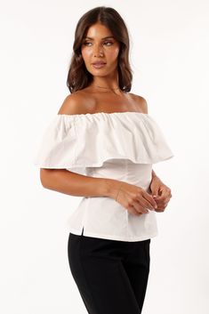 DETAILS   Make a statement in our off the shoulder top. Featuring a straight elasticised neckline, overlay bust feature and short sleeve, this fashionable piece is the ultimate way to show off your style. Whether youâ€™re going for a night out with friends or want to add something special to date night, this eye-catching top will do the trick.   off the shoulder style top  straight elasticised neckline  overlay bust feature  short sleeve  back invisible zip  unlined  material - 100% cotton     S Summer Off-shoulder Ruffled Top With Short Sleeves, Summer Off-shoulder Top With Ruffles And Short Sleeves, Fitted Off-shoulder Short Sleeve Top For Summer, Trendy Off-shoulder Short Sleeve Top For Summer, Trendy Off-shoulder Tube Top For Day Out, Fitted One Shoulder Top With Short Sleeves For Summer, Chic One Shoulder Foldover Top For Summer, Chic Off-shoulder Tube Top For Spring, Chic Off-shoulder Short Sleeve Top For Day Out