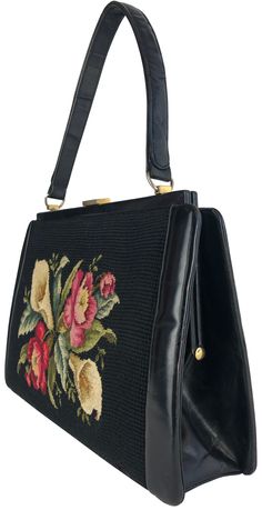 Mid Century Large Tapestry/Carpet and Black Kidskin Leather Handbag. Gold Toned Hardware and 4 metal Protective Feet. Interior has two open Side Compartments trimmed in Leather and one Zippered Compartment Kowloon Hong Kong, Large Tapestry, Vintage Designer Bags, Large Tapestries, Black Books, Floral Tapestry, Special Occasion Outfits, Vintage Purses, Designer Bags