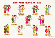 Different Indian attires/dress codes Traditional Dress Of Indian States, Indian States Traditional Dress, Cultural Day Outfits Traditional Dresses, Indian Attire Traditional, Indian Culture Art Drawing, Space Vocabulary, Diwali Painting, Farm Animals Preschool