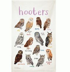 a tea towel with owls on it and the words hooters written in different languages