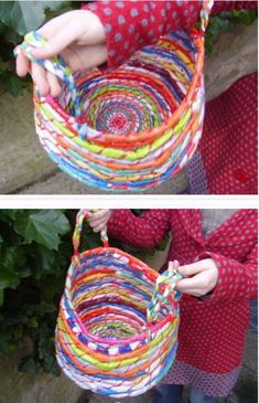 two pictures of a person holding a colorful basket