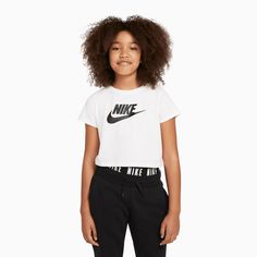 Nike SportswearBig Kids' (Girls') Cropped T-ShirtCROPPED COMFORT.Keep it comfy in the Nike Sportswear T-Shirt. This classic cotton tee in a shorter length is all about casual vibes. Cotton material is soft and lightweight. Ribbed collar stretches with your moves.T Shirt Details Standard fit for a relaxed, easy feel 100% cotton Machine wash 100% COTTON Nike Sportswear ClubBig Kids' (Girls') French Terry ShortsCLASSIC COMFORT.Easy, soft, and comfy—the Nike Sportswear Shorts are ready for anything. Nike Crop Top, Sportswear Outfits, Kids Sportswear, Sport Nike, Nike Kids, Nike Tshirt, Nike Store, Black White Fashion, Crop Tshirt