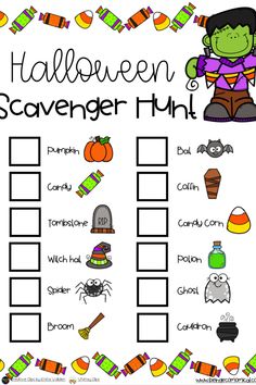 a halloween scavenger hunt for kids to practice their spelling and writing skills on