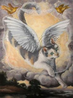 a painting of a cat with two birds on it's back and wings above its head