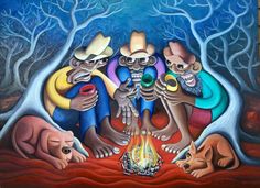 a painting of three men sitting around a campfire