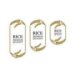 three gold labels with rice and wheat on them, one is for the premium quality