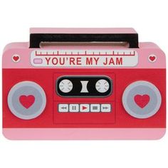 a red and white radio with hearts on it's side, says you're my jam