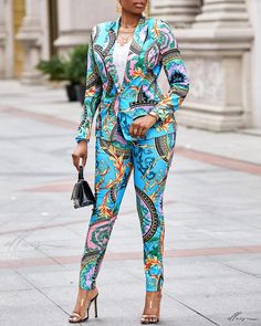 Elluis - Exquisite Baroque Print Ensemble: Long Sleeve Blazer and Pants Set Elegant Multicolor Pants For Workwear, Elegant Multicolor Pants For Work, Elegant Fitted Multicolor Pants, Baroque Print, Crop Top Dress, Blazer Set, Vintage Type, Long Sleeve Short Dress, Long Sleeve Blazers