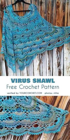 a blue shawl is shown with the text,'free crochet pattern '